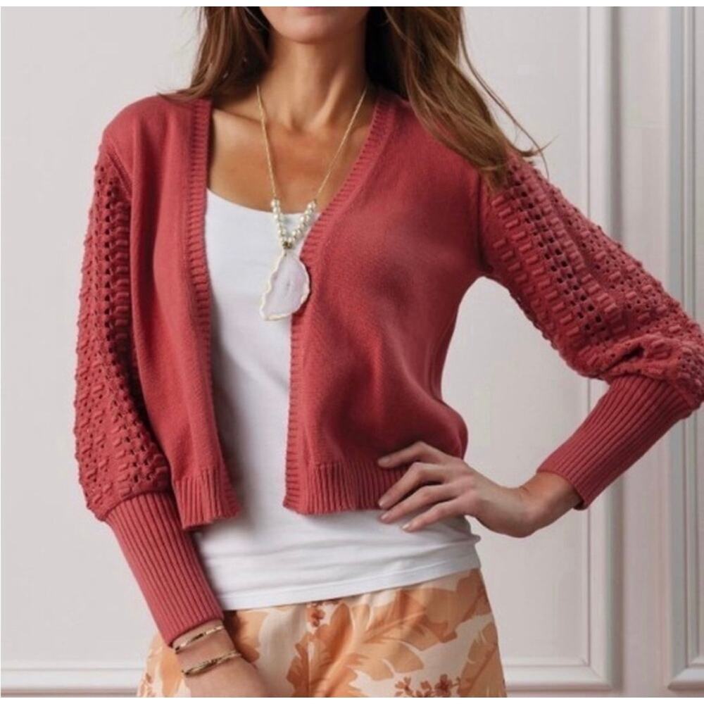 Soft Surroundings Hollyhock Cropped Cardigan Sweater Sz XL Red Pink Boho Cottage